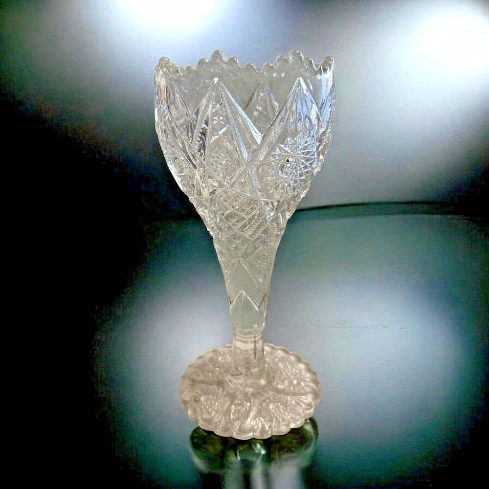 Vintage Cut Crystal Pedestal Vase 9" Diamond Fan Starburst Scalloped Rim Footed
